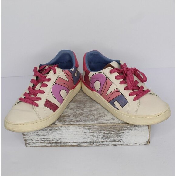 Coach Lowline Love Print Women's Size 5B Leather White Pink Tennis Shoe Rare - Picture 1 of 12